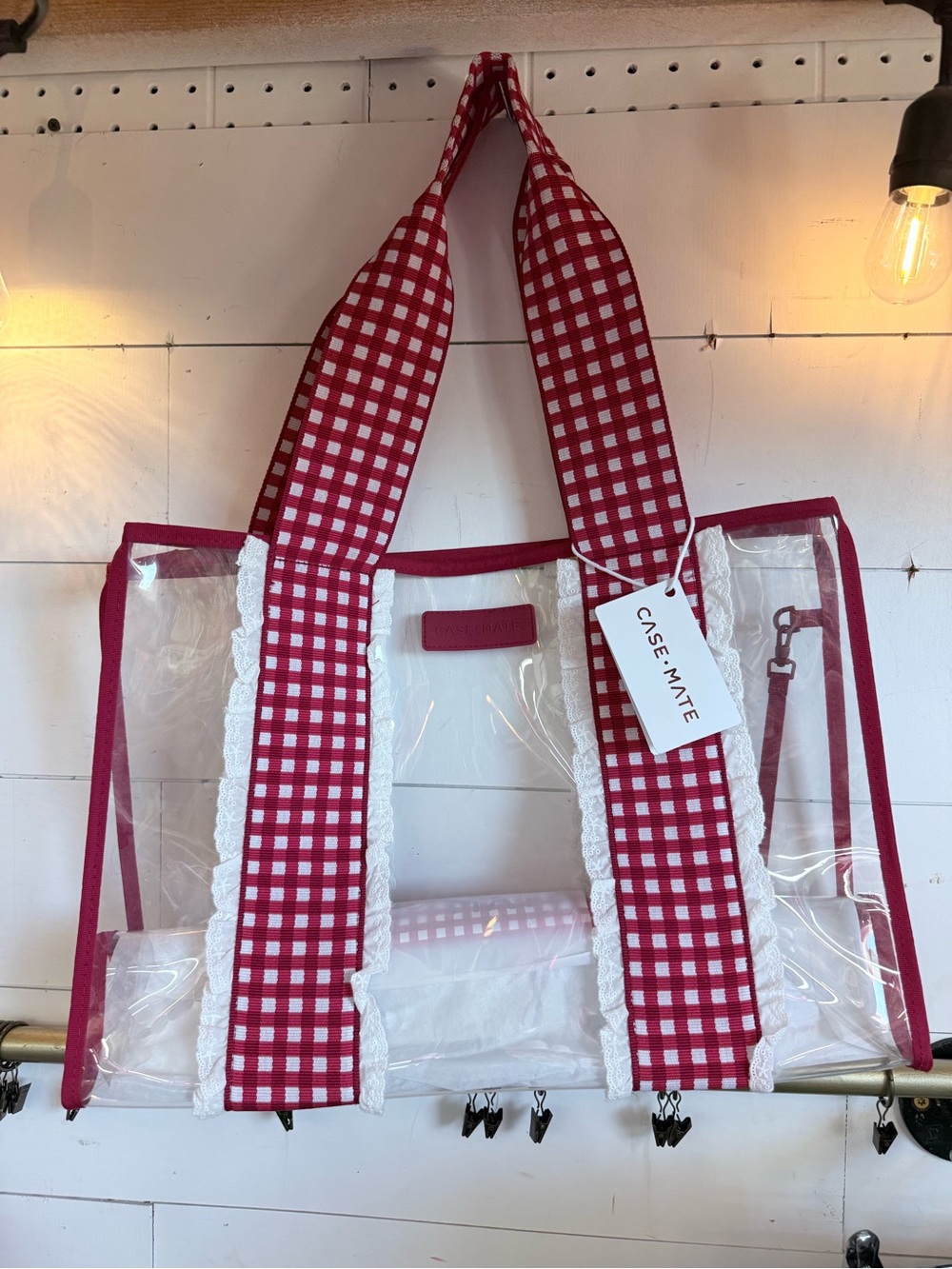 case-mate Clear Tote with Red Gingham Straps and White Lace Trim